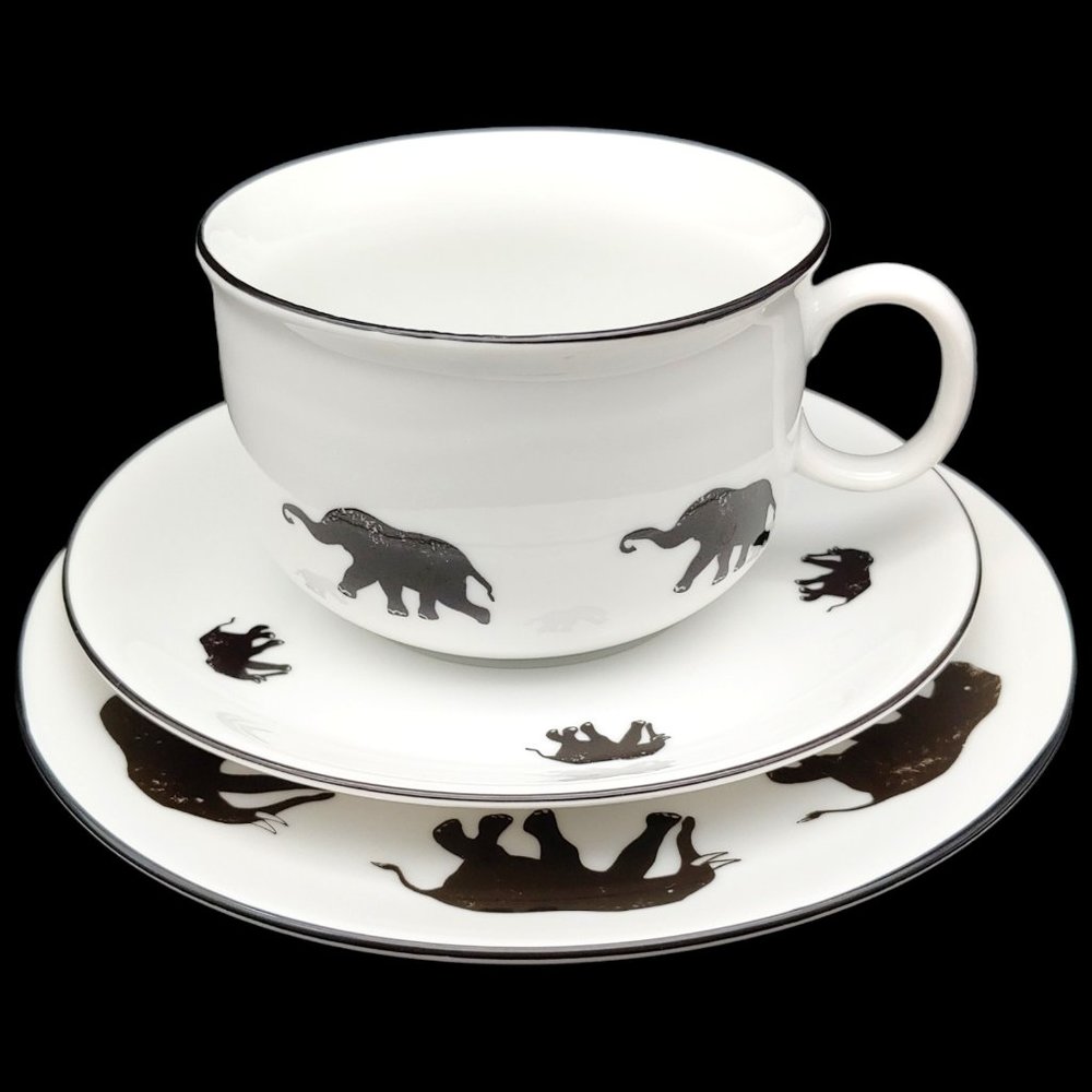 Dekor Safari Elephant Coffee Mug Saucer Dessert Plate - 12oz Black White Tea Cup